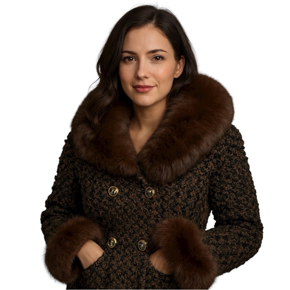 Vintage Zuki Beaver Fur Trimmed Brown Black Boucle’ Textured Pea Coat